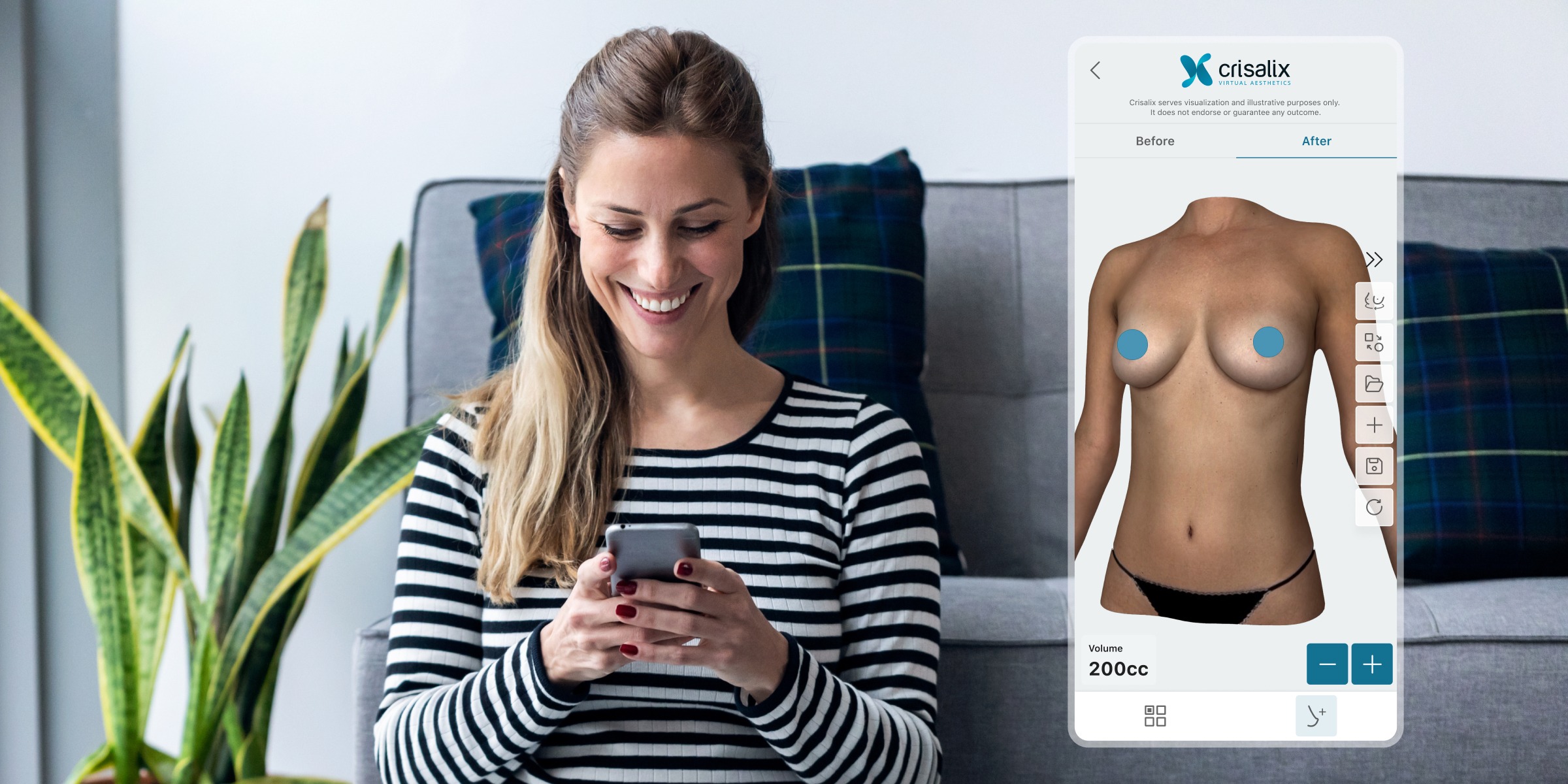 woman looking at her phone screen and smiling with a magnification of what she sees on her phone which is a crisalix 3d breast simulation