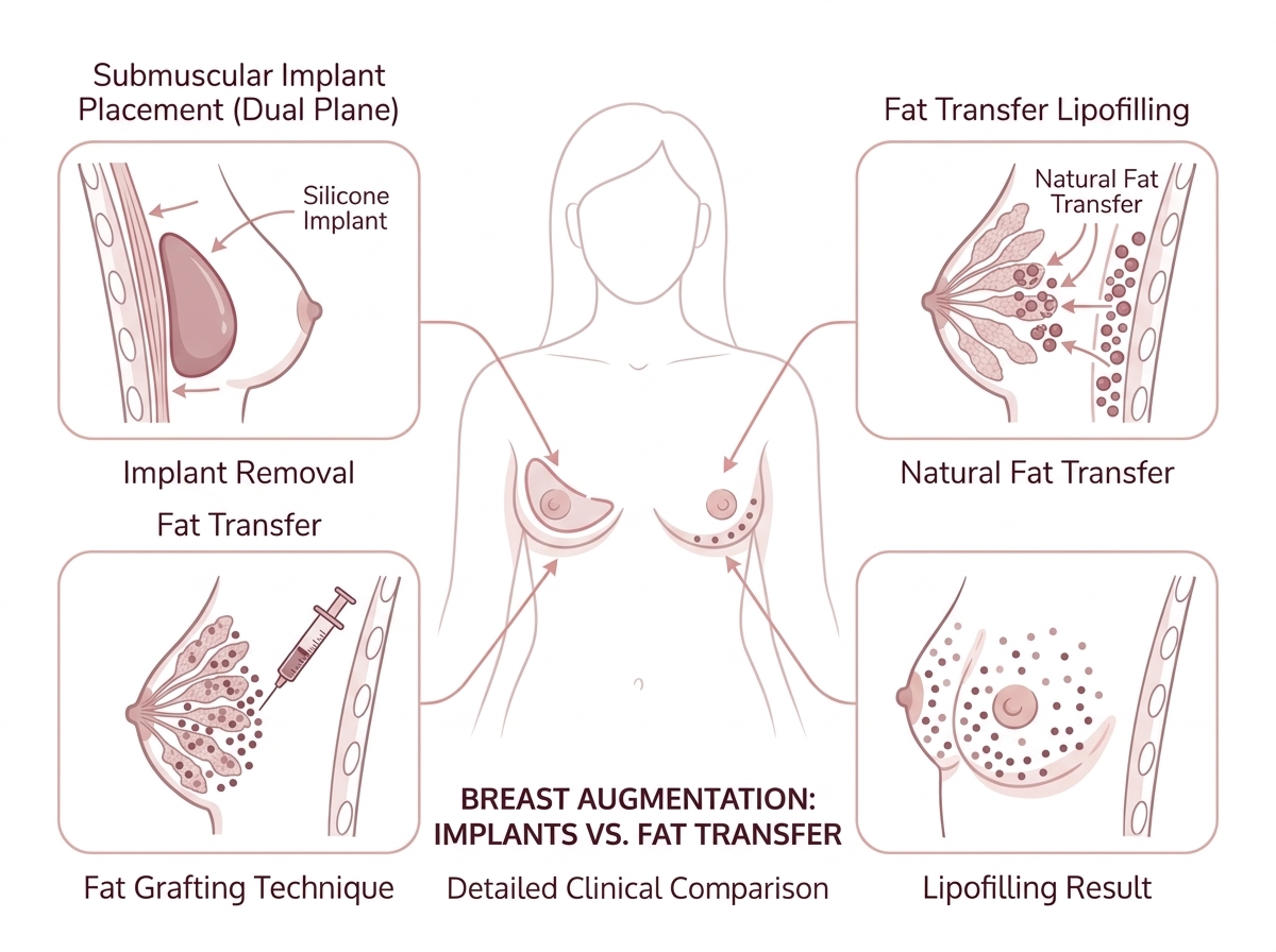 Diagram comparing breast augmentation with implants versus fat transfer for restoring breast volume after weight loss