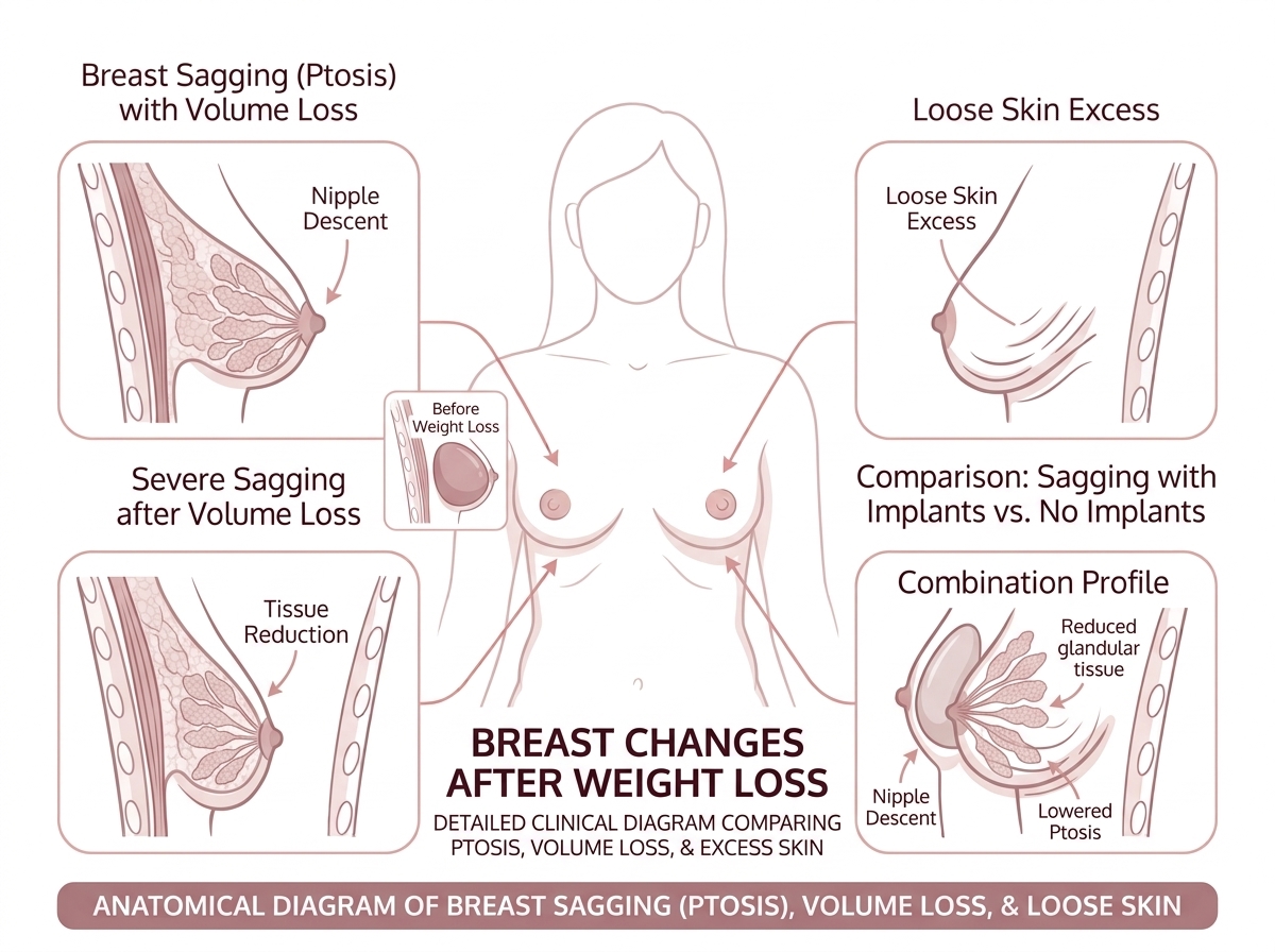 Diagram showing the difference between breast sagging, volume loss and loose skin after GLP-1 weight loss